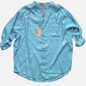 Caribbean Blue Linen & Rayon Tonal Stripe Long Sleeve Mandarin Collar Shirt 2XB